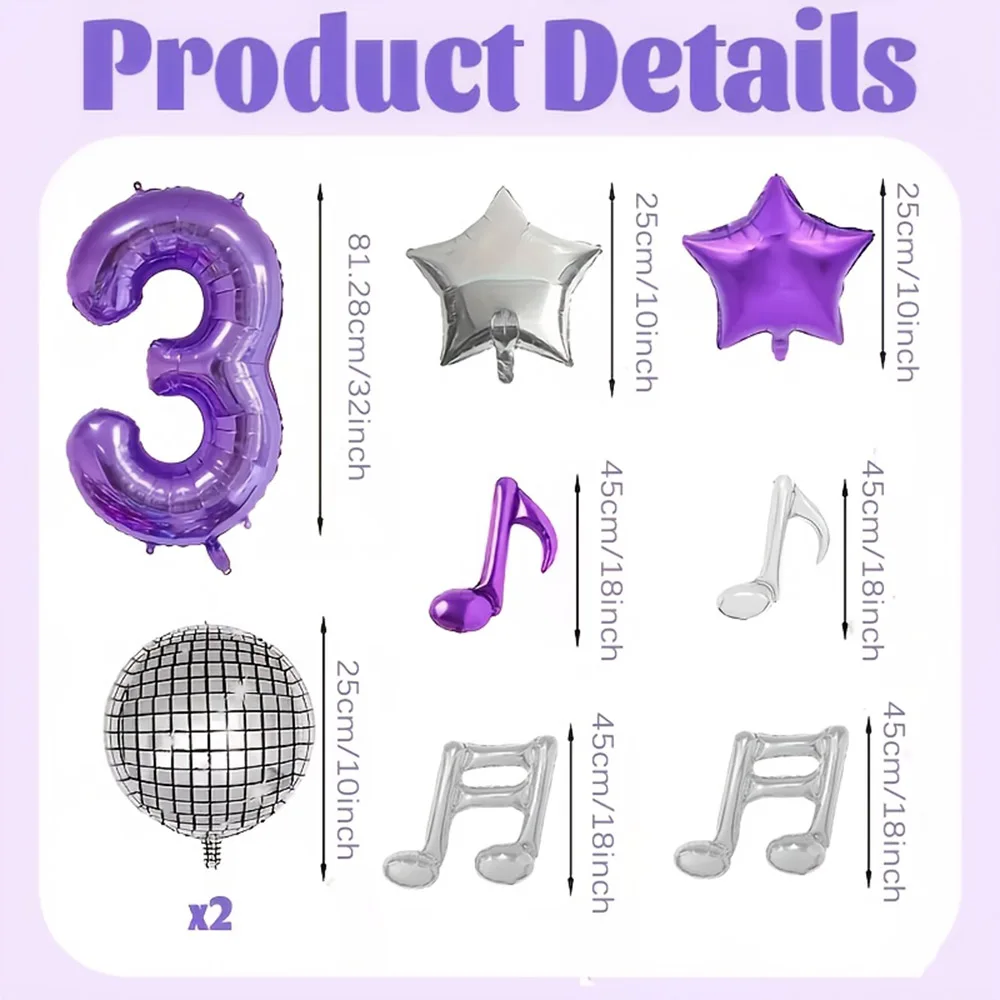 9-teiliges Pop-Musik-Party-Ballonset, 32 Zoll Lila Digitalzahlen 0-9 & Disco 4D Ballon & Silber-Lila Musiknoten & Stern-Ballons – Detail 8
