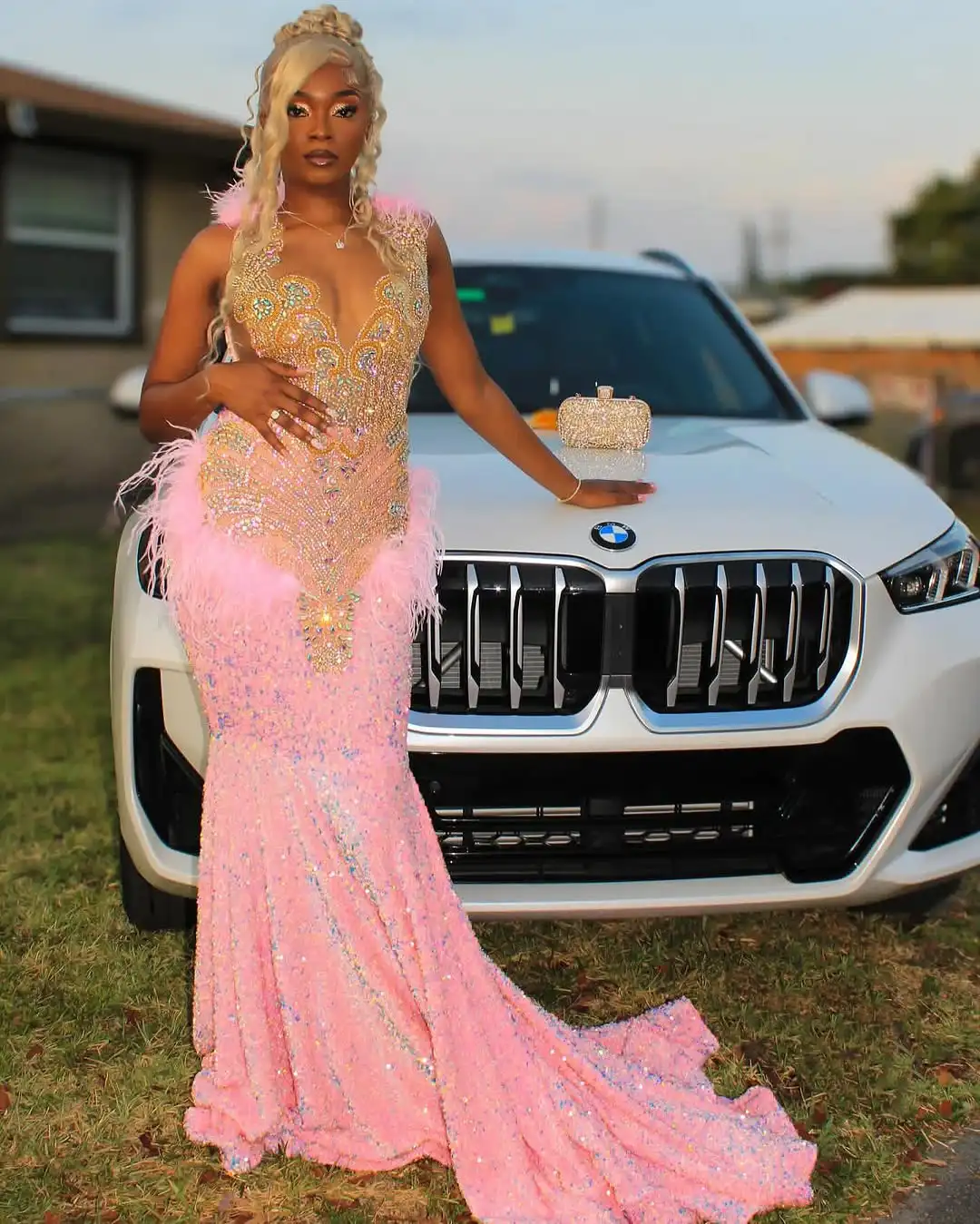 

Pink Sparkly Velvet Sequin Crystal Mermaid Prom Dresses Long for Black Girl 2025 Beading Feather Evening Gowns Customized
