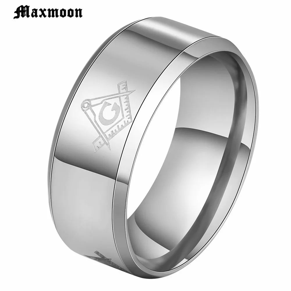 Maxmoon Hot 8mm Brushed Gold-Color Masonic Stainless Steel Titanium Band Men Ring Cool Black Freemason Male Rings