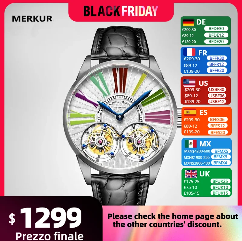 MERKUR Luxury True Double Tourbillon Manual Mechanical Watch Business Classic Men's Watch Sapphire All Steel Reloj Hombre