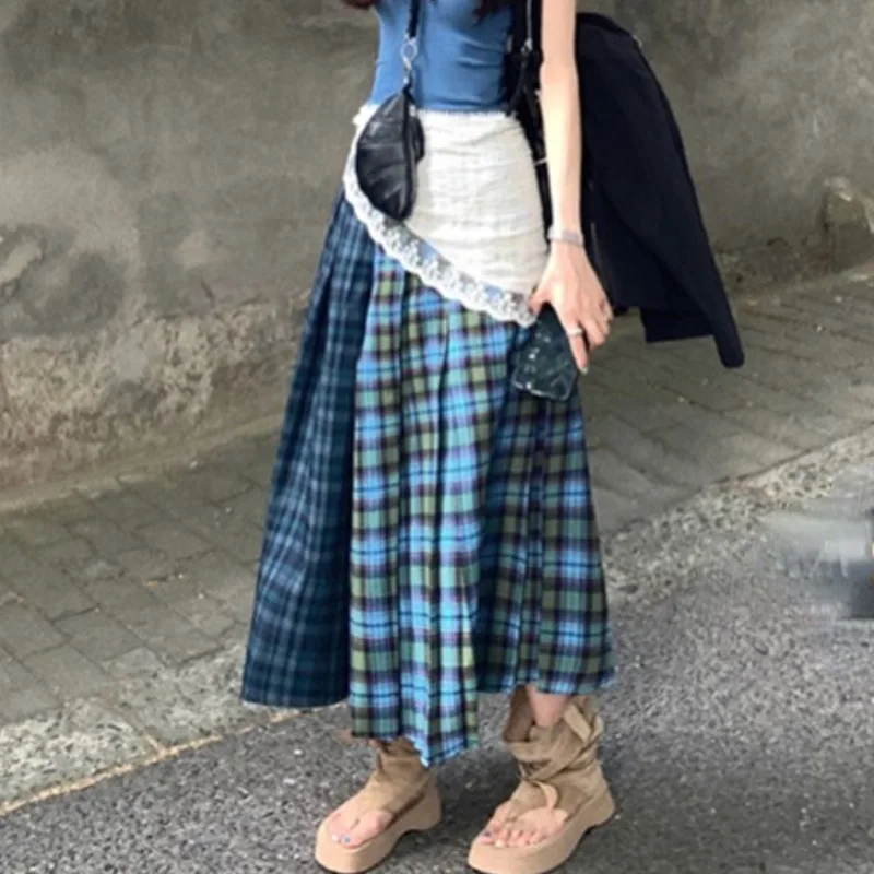 Spring and Summer Vintage Korean Retro High Street Low Waist Plaid Pleated Long Skirt Streetwear Fashion Skirt