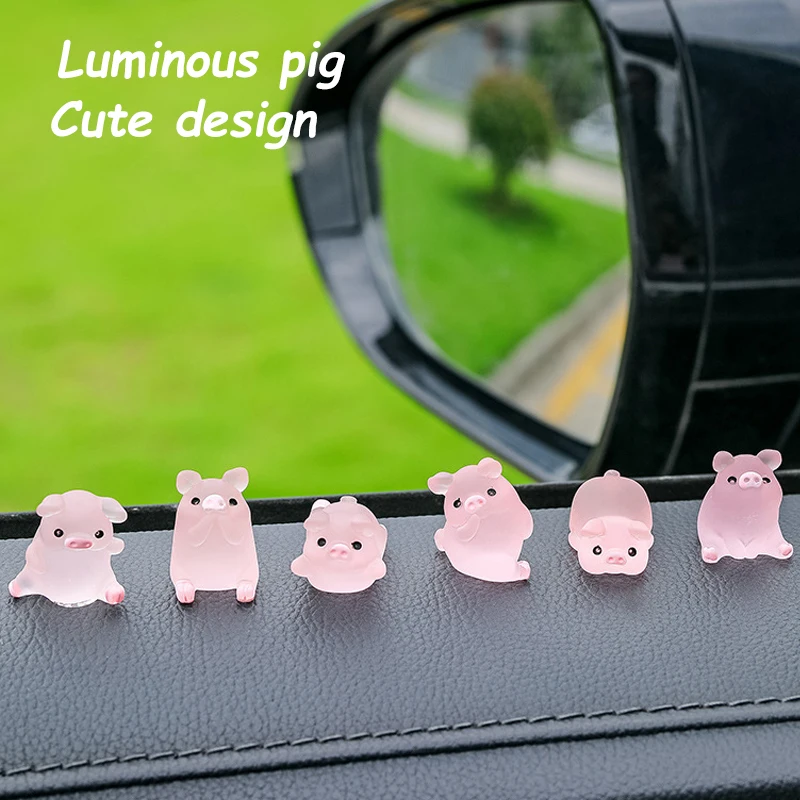 

6PCS Mini Glow Dark Pig Cute Piggy Car Dash Decorations Car Rear View Mirror Ornament Interior Accessories for Home Office