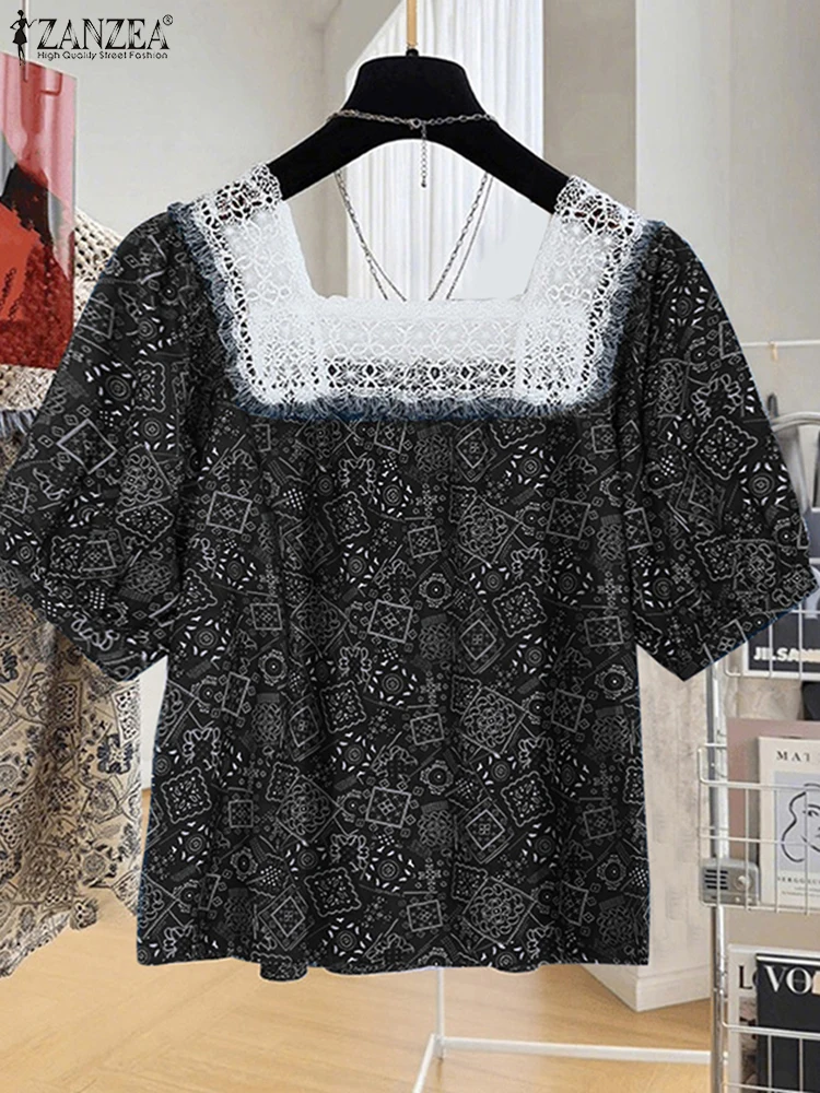 

ZANZEA винтажная туника с принтом, женские кружевные лоскутные блузки, летняя блузка 2025, модные повседневные рубашки с коротким рукавом и квадратным воротником