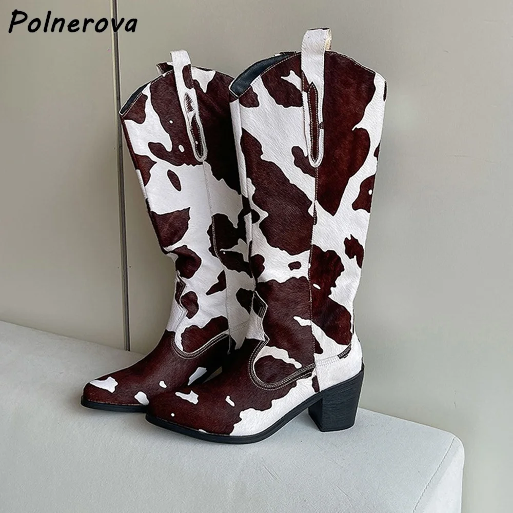 

Рыцарские сапоги с коровьим принтом из конского волоса, высокие сапоги без шнуровки на массивном каблуке с острым носком, длинные сапоги для девочек-ковбоев, зимняя теплая модная лаконичная обувь