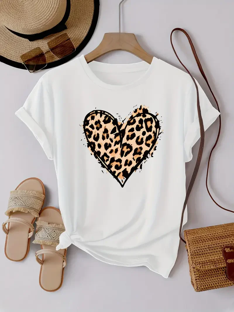 Summer Top Tee Leopard Print Heart Graphic  Lover T-Shirt Graphic T Shirts Women's Clothing Fashion Tshirt