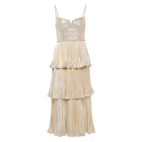 Luxury Crystal Cake Dresses Women Summer Metal Layer Ruffle Strap Diamond Prom Vestidos Long Evening Party Dress