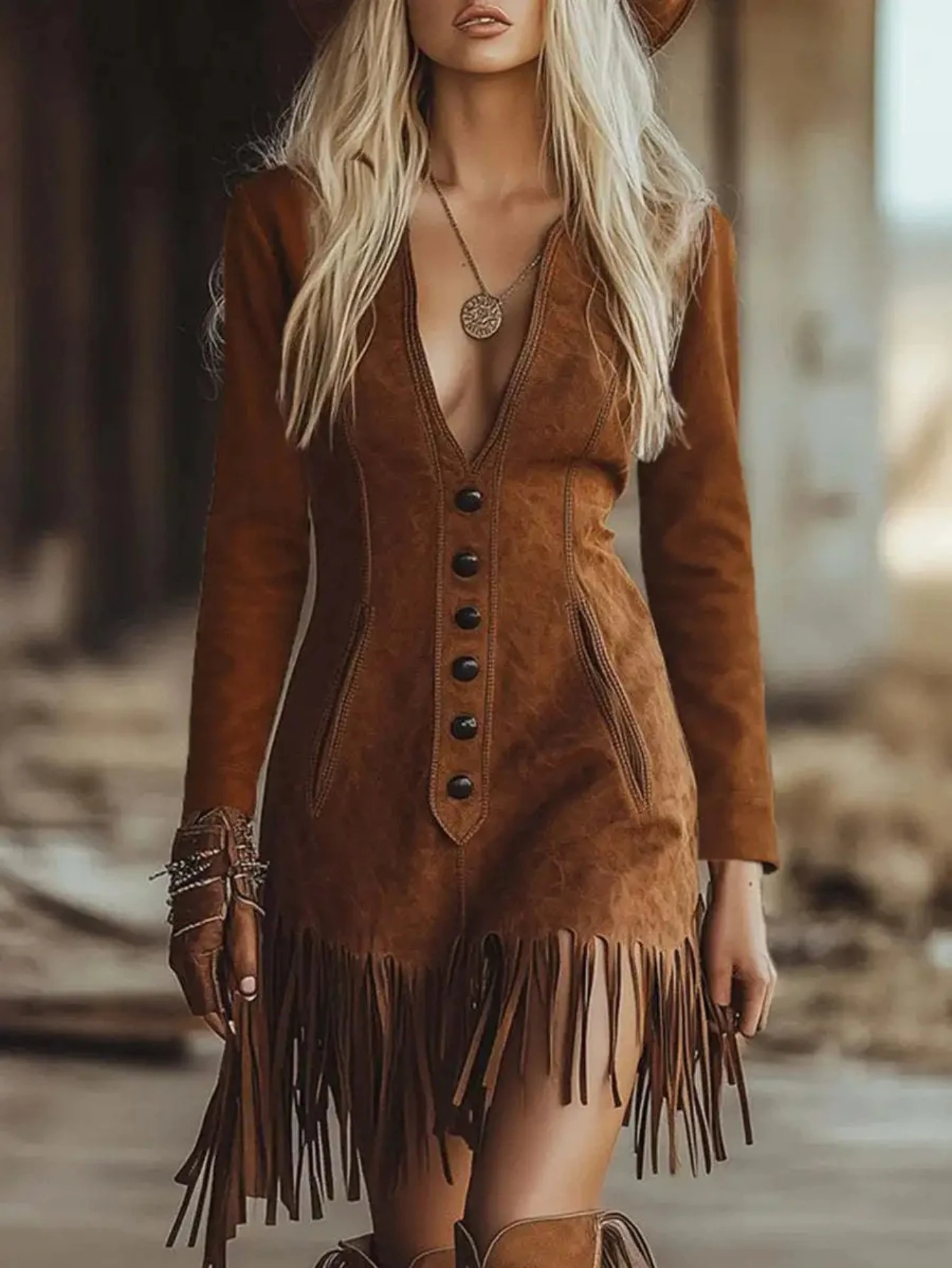 

Western Retro Suede Tassel Dresses for Woman V-neck Single-breasted Zipper Slim Hips Dress Long