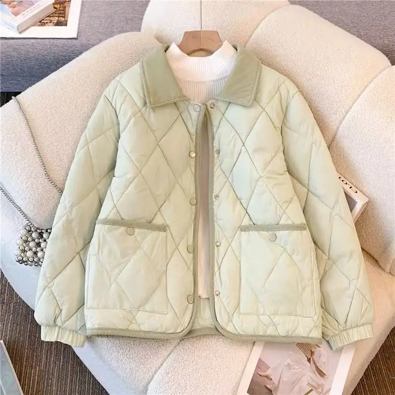 Diamond Lattice Women's Quilted Jacket Lapel Corduroy Collar Lightweight Short Cotton Coat Casual Warm Outerwear with Pockets