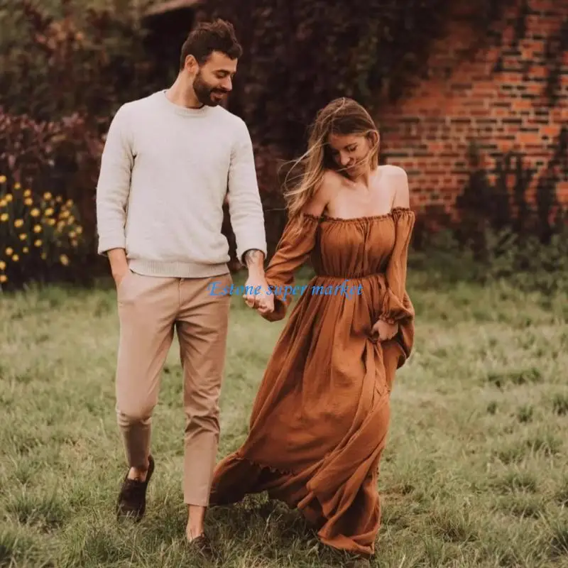 090B Elastic Off Shoulder Long Maternity Dress For Photoshoots Special Occasion