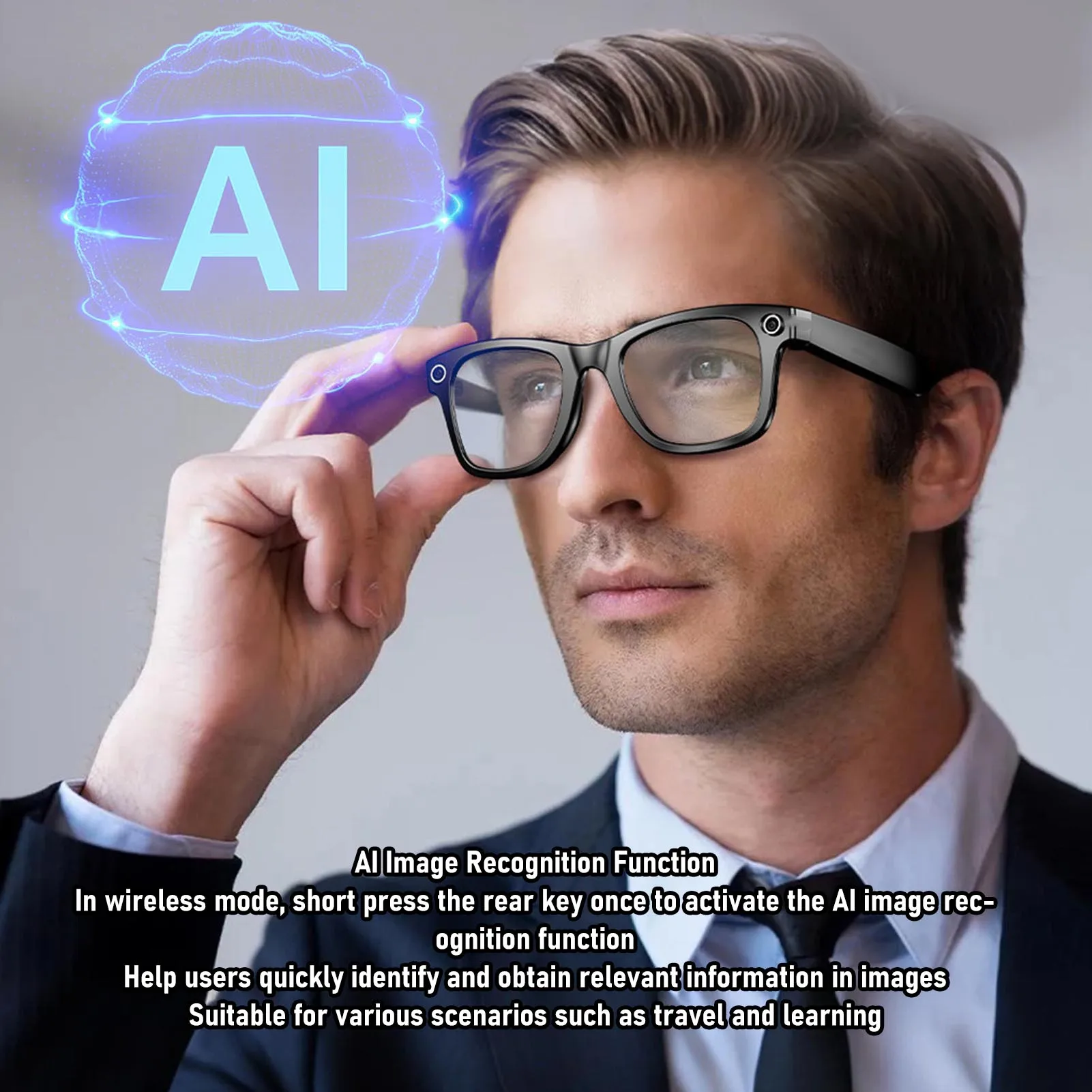 

Bluetooth AI Camera Glasses 1080P Photo Taking Video Recording Image Recognition 25 Languages Translation Music Playback