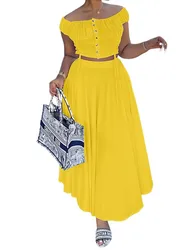 African Skirt Suits For Women 2 Piece Matching Set Off Shoulder Short Top Long Skirt Two Piece Set Africa Dress Nigerian Clothes