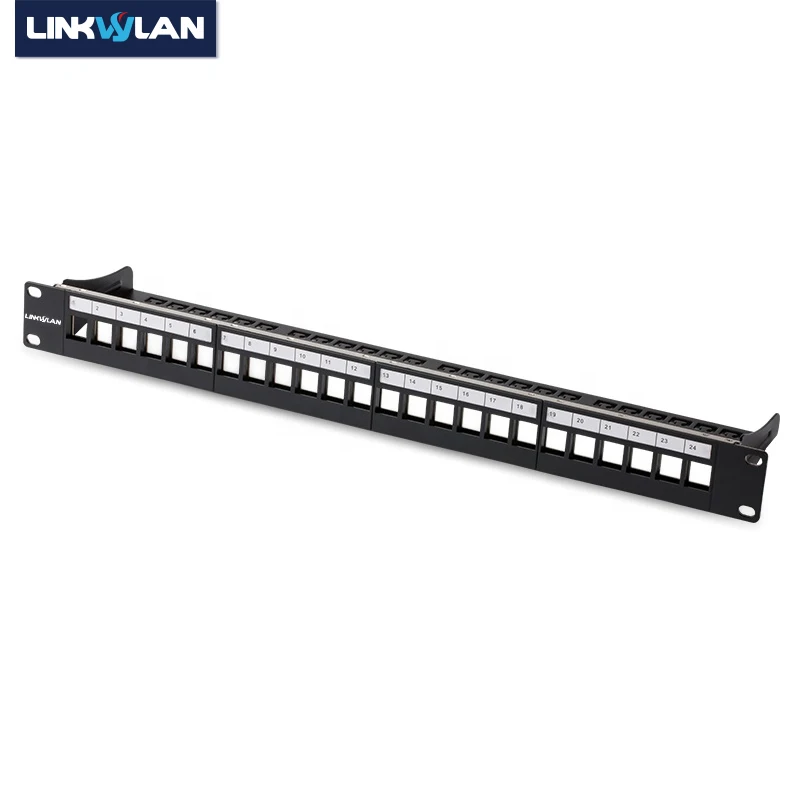 24Port rozładunku puste modułowe puste Panel krosowy 19 "1U stojak na Moun obejmuje organizator na kable wsparcie Bar przednia płyta z etykietą pole