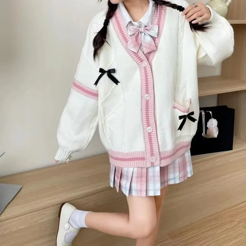 Sweet Bow Knitted Cardigans Y2k Aesthetic All Match Contrast Color Coats Fashion Single Breasted Women Kawaii JK Sweaters Jumper