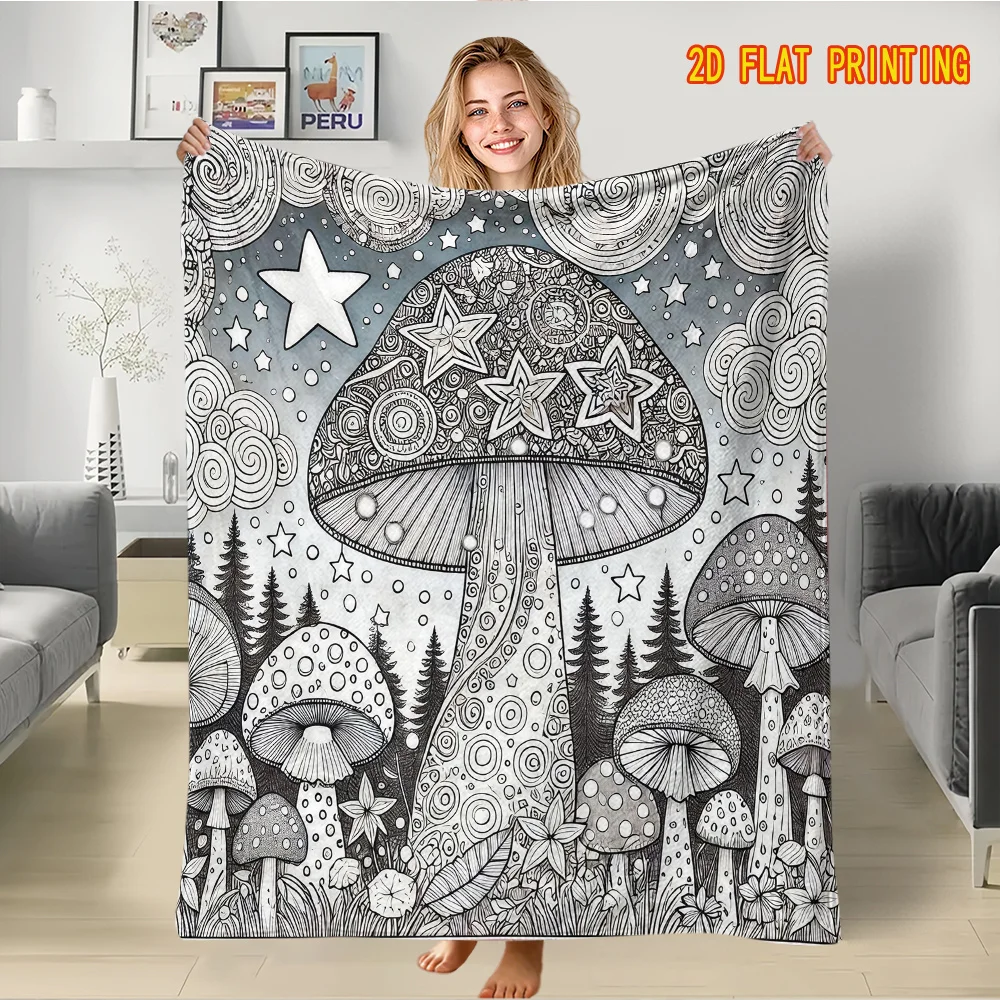 Fantasy Mushroom Throw Blanket Star Forest Mandala Doodle Line Print Soft Flannel for Kids Room Sofa Lap Nature Theme Decor Gift