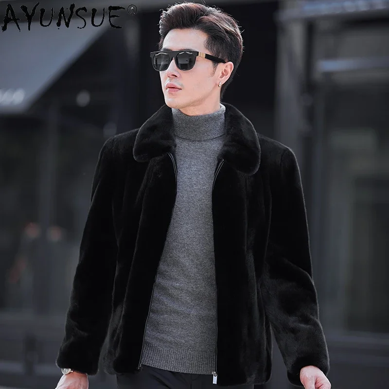 AYUNSUE Real Fur Coat Men Clothing High-end Natural Mink Fur Jacket Lapel Black Fur Coats Casual Outwear Jaquetas Masculinas