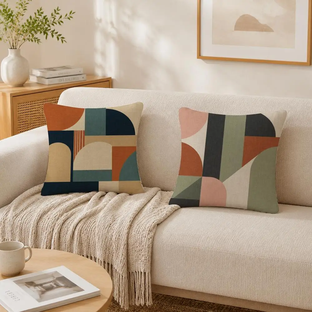 Mid-Century Modern Geometric Pillow Case Double-Sided Plush Sofa Cushion Covers Organic Breathable Invisible Zipper