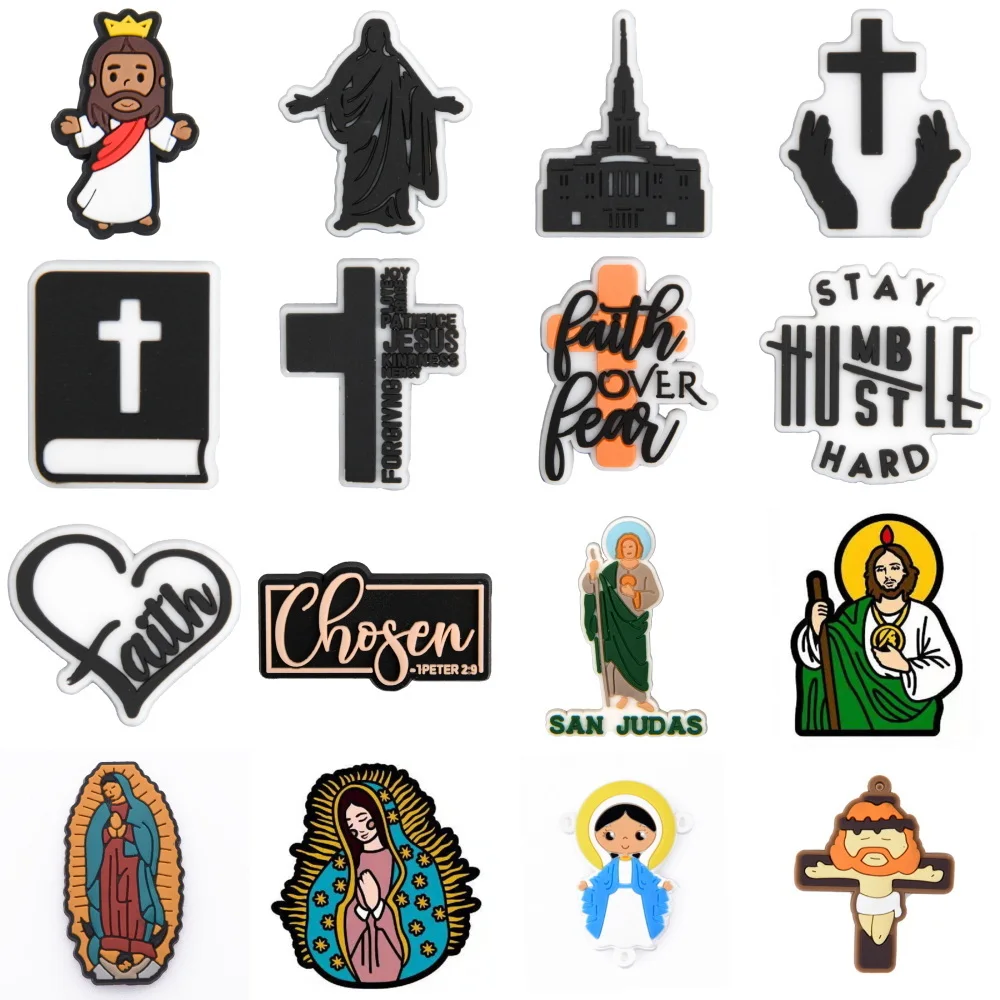 

16pcs Q-version God Shoe Decoration Black Heart Cross Shoe Charms Book Jesus Castle Clog Charm Teens Boys Girls Gifts