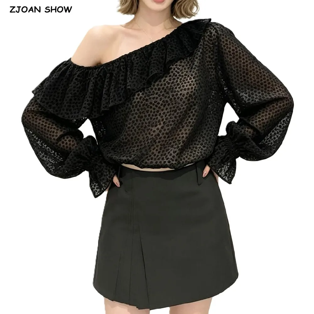 CHIC Autumn Women Black Polka Dot Ruffles Slash One Shoulder Lantern Long Sleeve Shirt Bow Drawstring Hem Pullover Blouses Tops