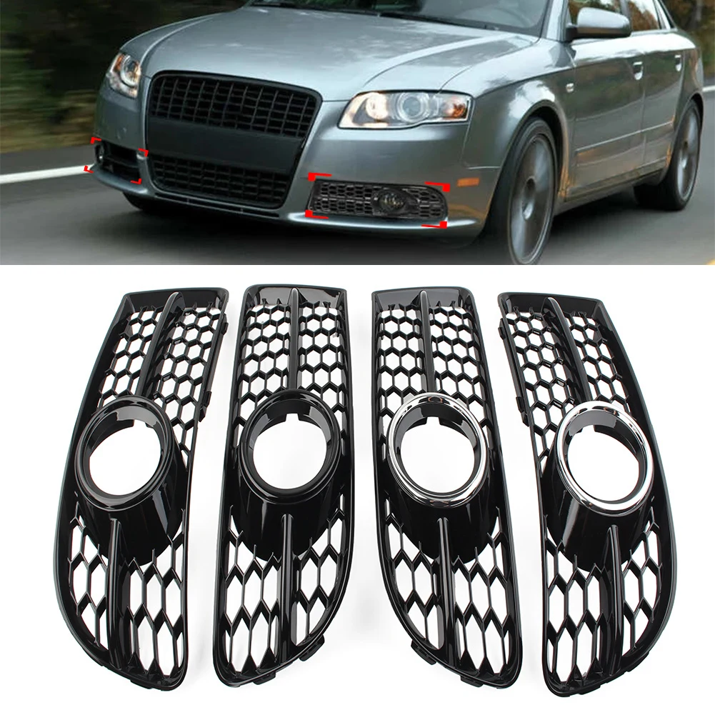 

2Pcs Front Bumper Honeycomb Mesh Fog Light Grille Cover For Audi A4 B7 S-Line S4 2005 2006 2007 2008 Gloss Black Car Accessories