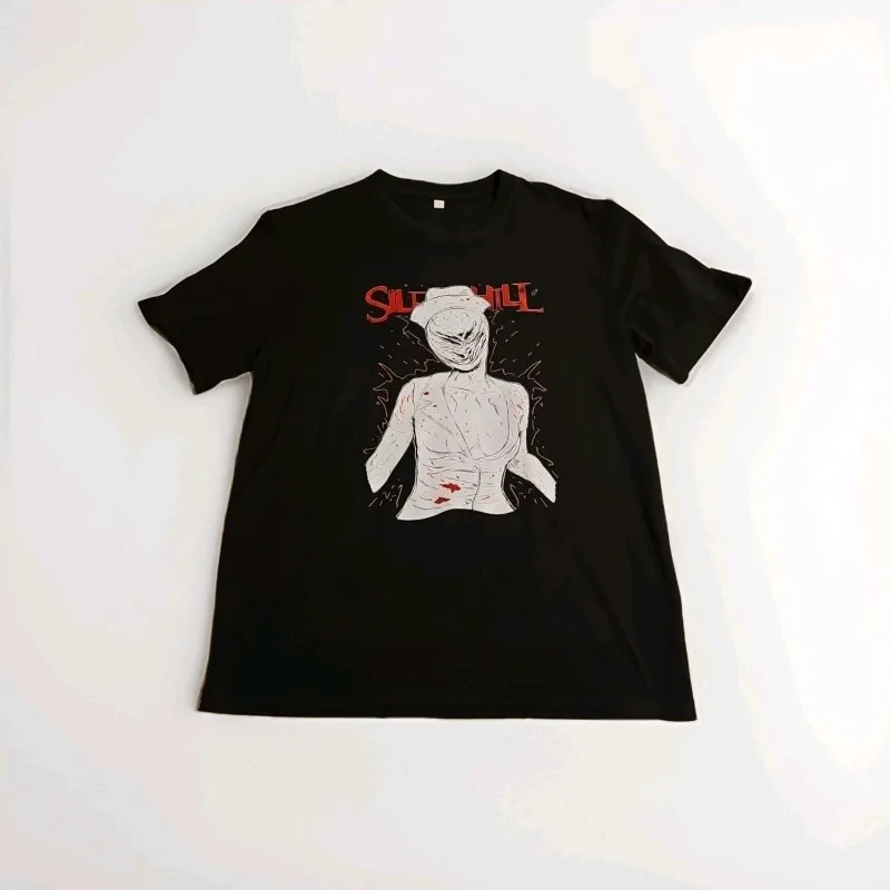 Black Silent Hill Electronic Game Themed T-shirt for Men, New Dark Aesthetic Art Printed Retro T-shirt