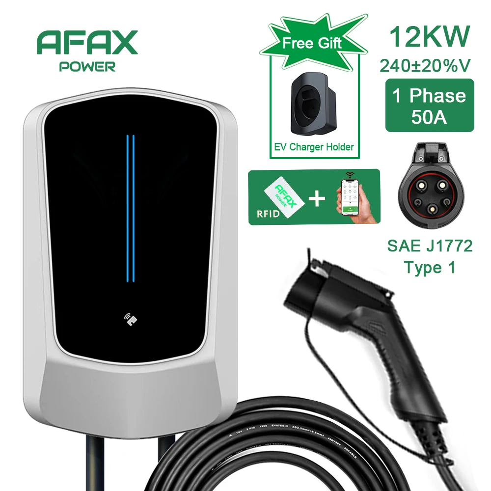 AFAX EV Charging Station 50A Electric Vehicle Car Charger EVSE Wallbox Wallmount 7.6/9.6/12KW Type1 Cable SAE J1772 APP Control