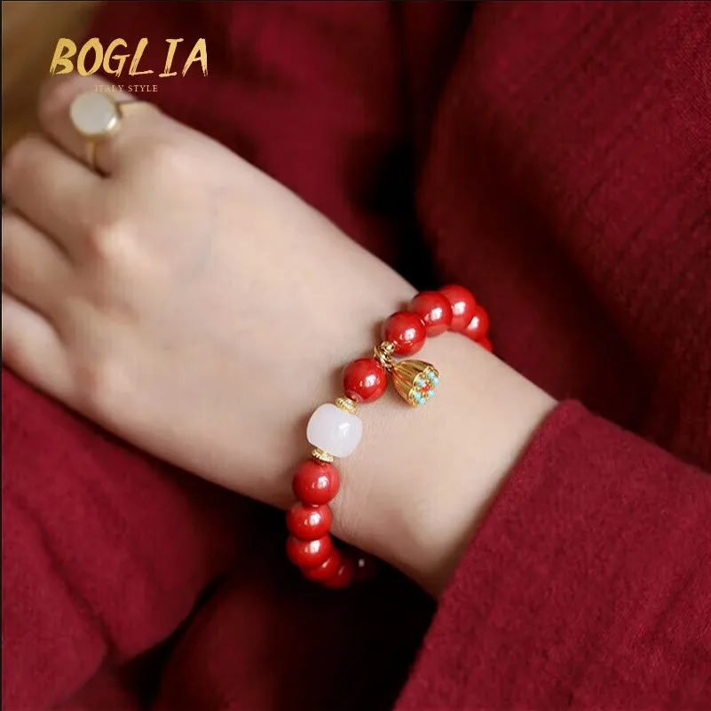 High Content Full Starlight Natural Cinnabar Bracelet Hetian Jade Lotus Pod Bracelet for Men and Women 2026 Gifts