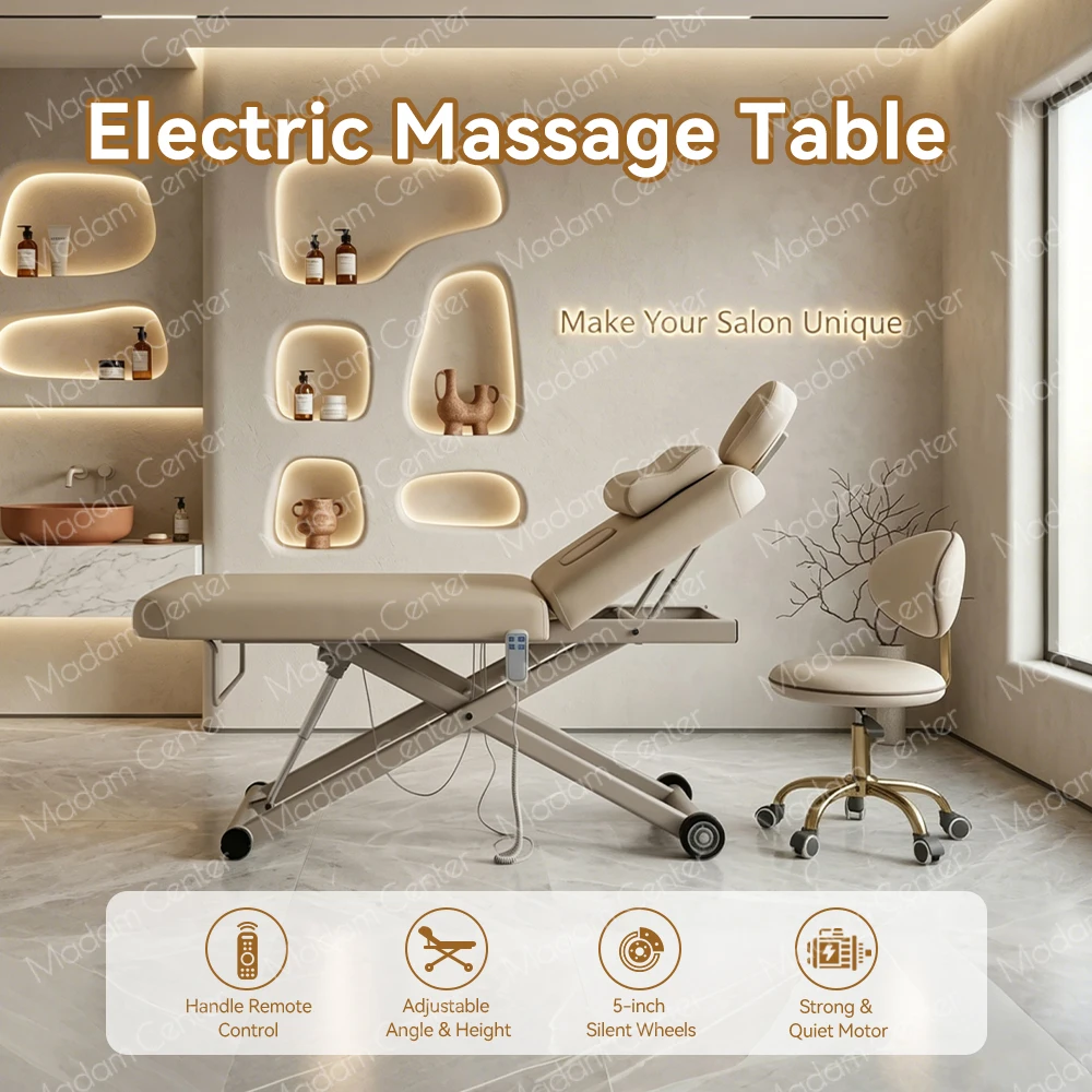 Madam Center Electric Modern Quiet 2 Motor Foldable Spa Treatment Table Height Backrest Adjustable Durable Silicone Leather