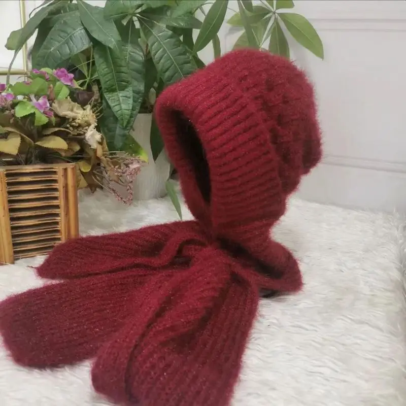 Women's 2Pcs Knit Hat Scarf Set, Winter Thick Fleece Lined Windproof Beanie, Fashion Warm Cycling Knitted Cap with Ear Protectio