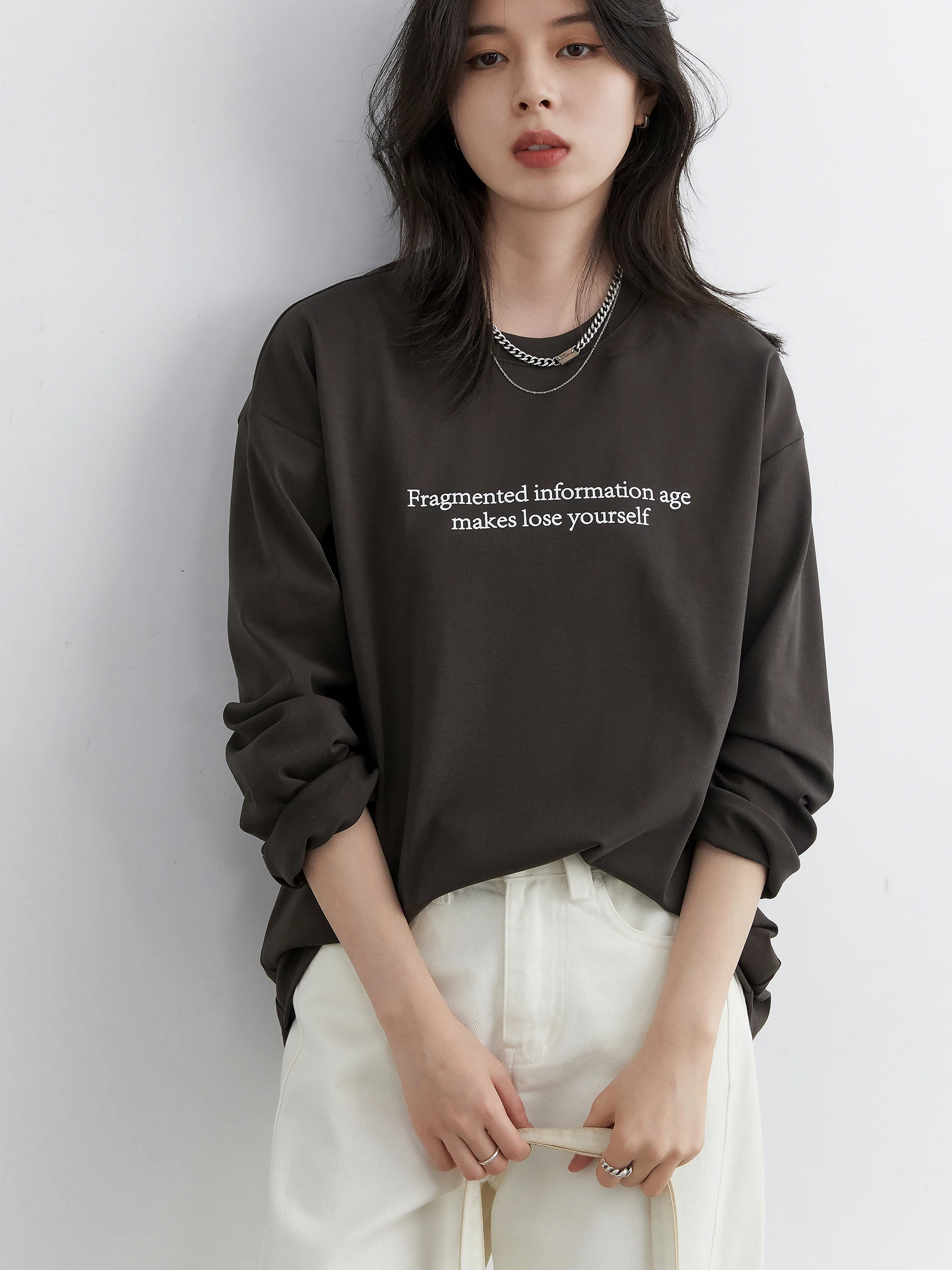 CHIC VEN Nowe damskie koszulki luźne, codzienne z okrągłym dekoltem, z długim rękawem, bazowe bluzki z nadrukiem liter, damskie topy jesień-zima 2025