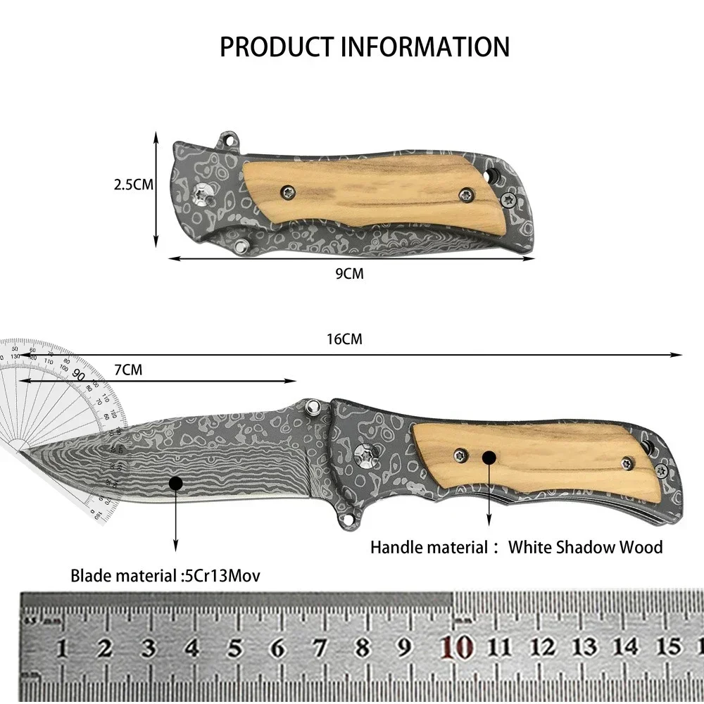 BN 339 Folding Knife Damascus Coating Blade Stainless Steel + Wood Handle Flipper Outdoor Camping Hunting Knives Pocket EDC Tool