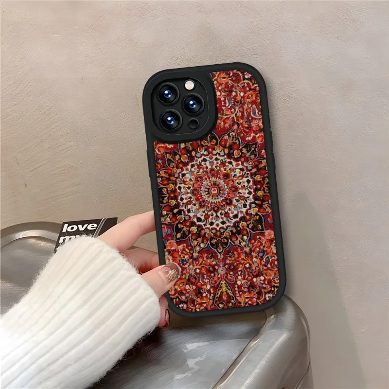 Persian Carpet Floral Pattern Phone Case Black For IPhone 11 14 13 12 Pro Max Mini Xs X Xr 7 8 Plus SE2020 Leather Texture Coque