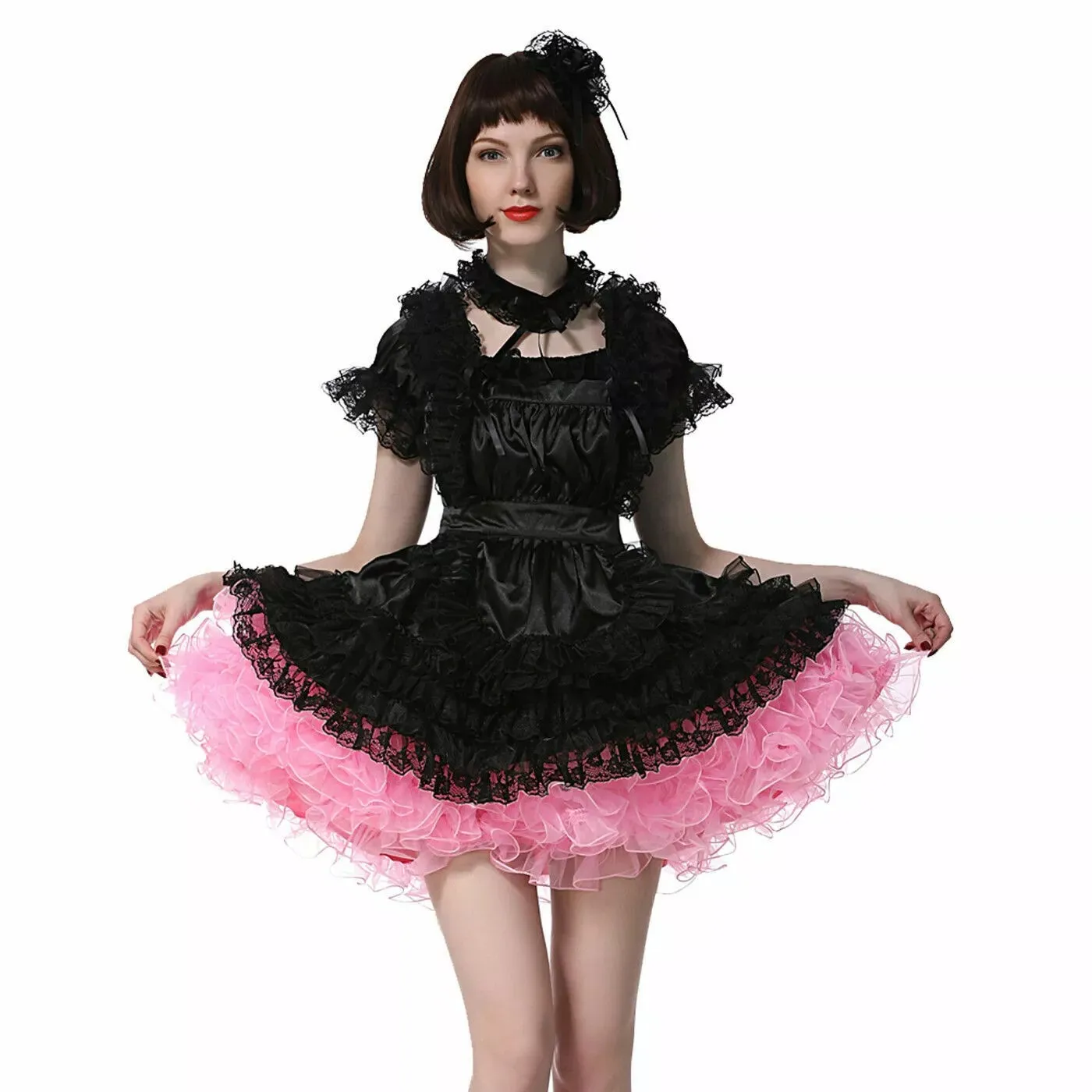 

Sexy French maid black satin lockable multi-layer lace ruffle dress maid cosplay costume customizable