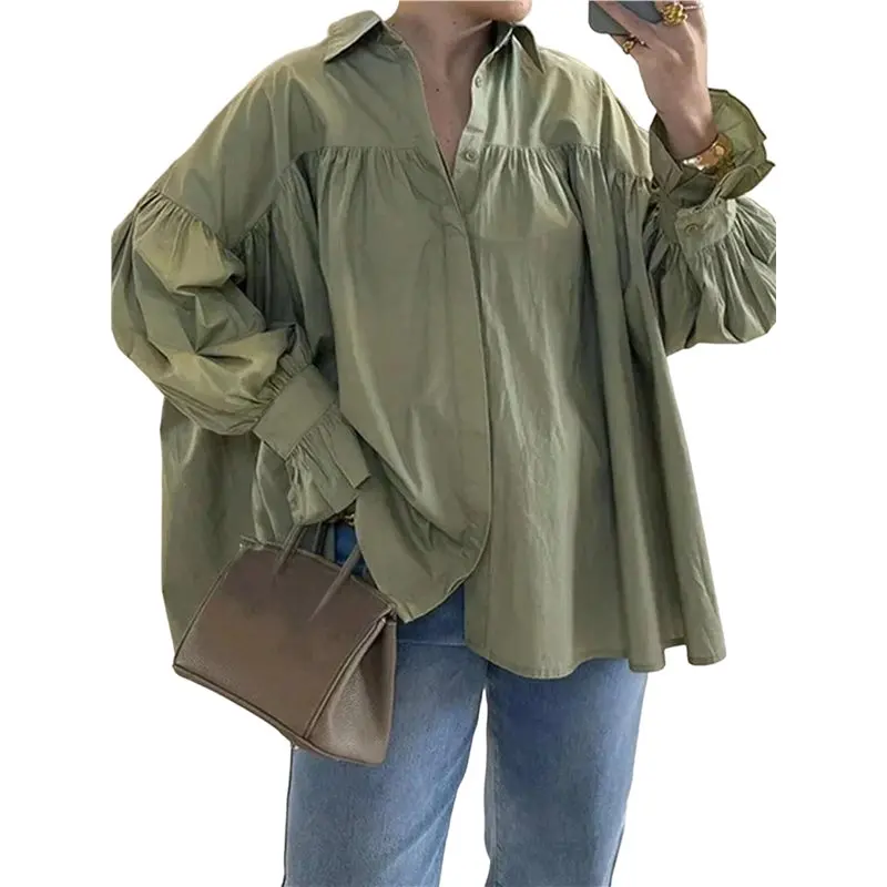 NEW-Women's Lapel Collar Front Gathered Pleated Bubble Long Sleeve Oversized Loose Casual Shirt