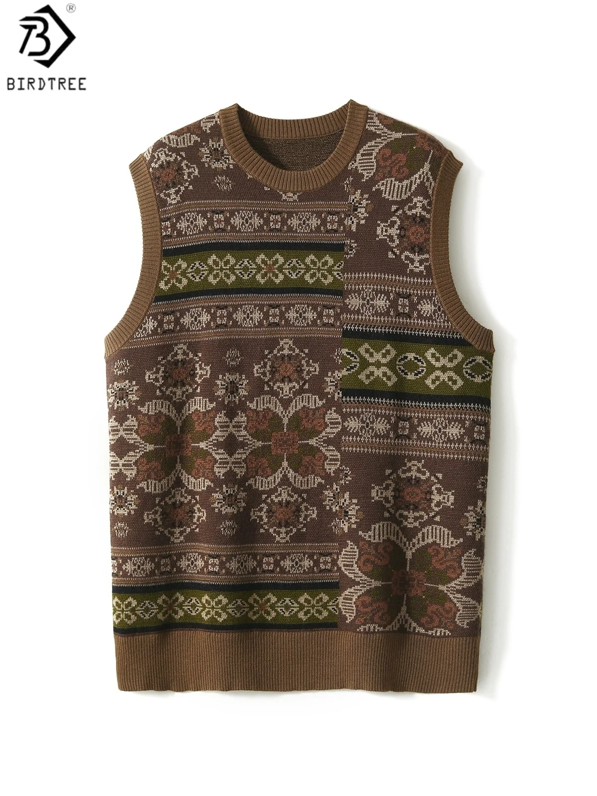 

Birdtree 49,5% овечьей шерсти вязаный жаккардовый жилет, женский полушерстяной жилет без рукавов с круглым вырезом, свободный осенний жилет с принтом 2025 T59416JF