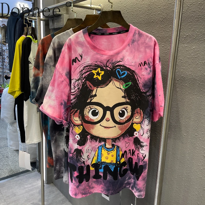 

Tie-dye Cartoon Printing Women T-shirt New Spring Summer Loose O-neck Pullover Top Streetwear Short Sleeve Casual Cotton Tees