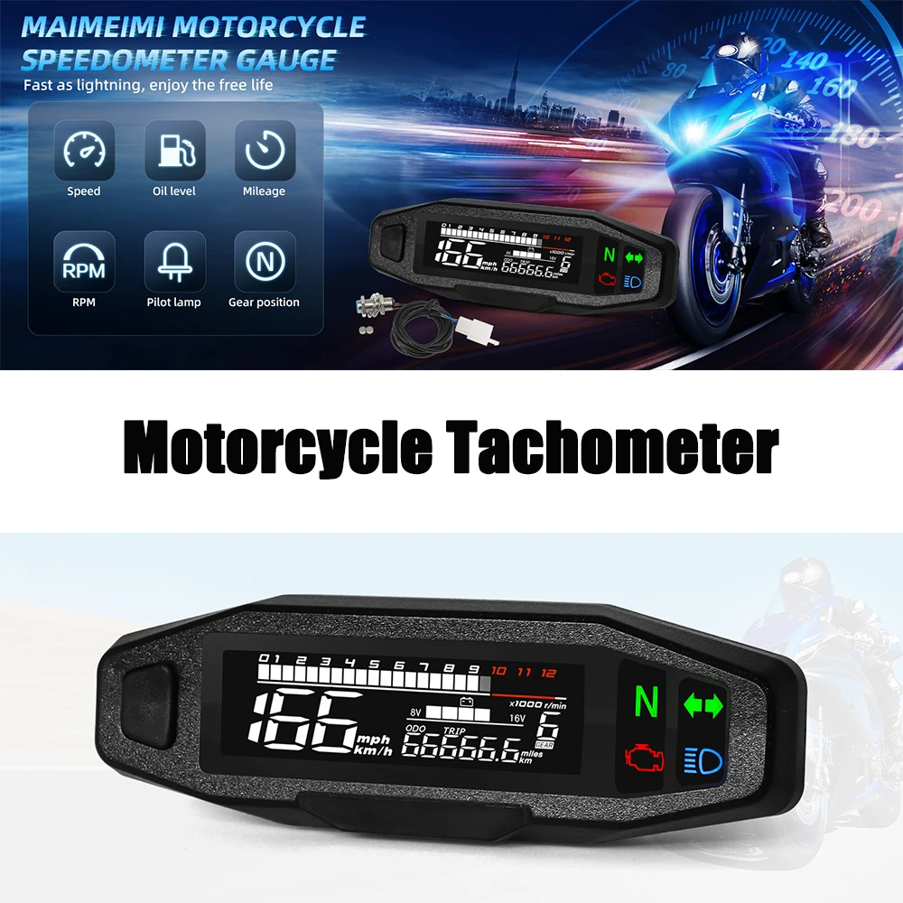 

Odometer Gauge Motorcycle Speedometer Oil Level Meter 12V Universal Waterproof LCD Tacho Panel with LED Signal Light Indicator