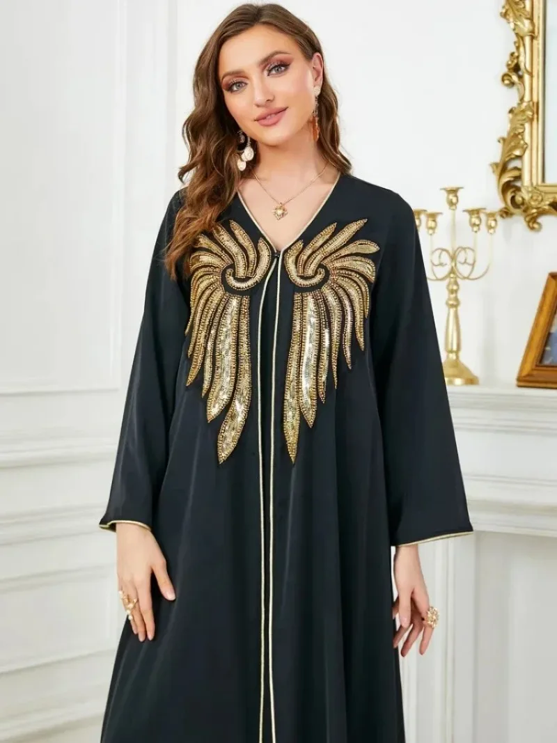 Korálkový abaya 2se kusu pro ženy vyšívané večírek islámské dlouhé šaty ramadánu muslimové dubaj soumrak šaty marocké kaftan černá