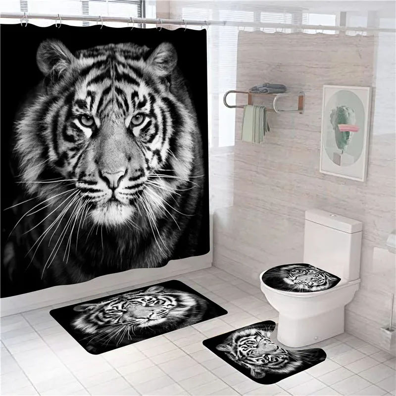 

Animals Style Shower Curtain Tiger Leopard Printing Polyester Curtains In Bathroom Bath Carpet Rugs Toilet Mat Home Bath Curtain