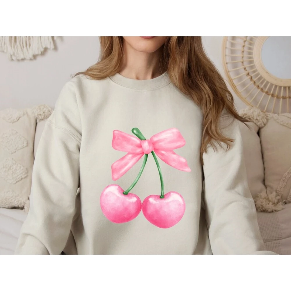 Harajuku Fashion Pink Bow Sweatshirt Coquette Trendy Pullover Ribbon Cherry Crewneck Cute Shirt Preppy Womens Y2K Aesthetic Tee