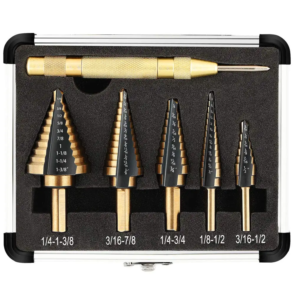 Step Drill Bit Set 5-Piece Titanium-Coated High Speed Steel with Automatic Center Punch for Drilling Sheet Metal Step Drill Bit