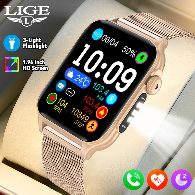 

LIGE New BT Call Smart Watches Men Women LED Flashlight 100+ Sport Modes Activity Fitness Tracker Heart Rate 1.96" Smartwatch