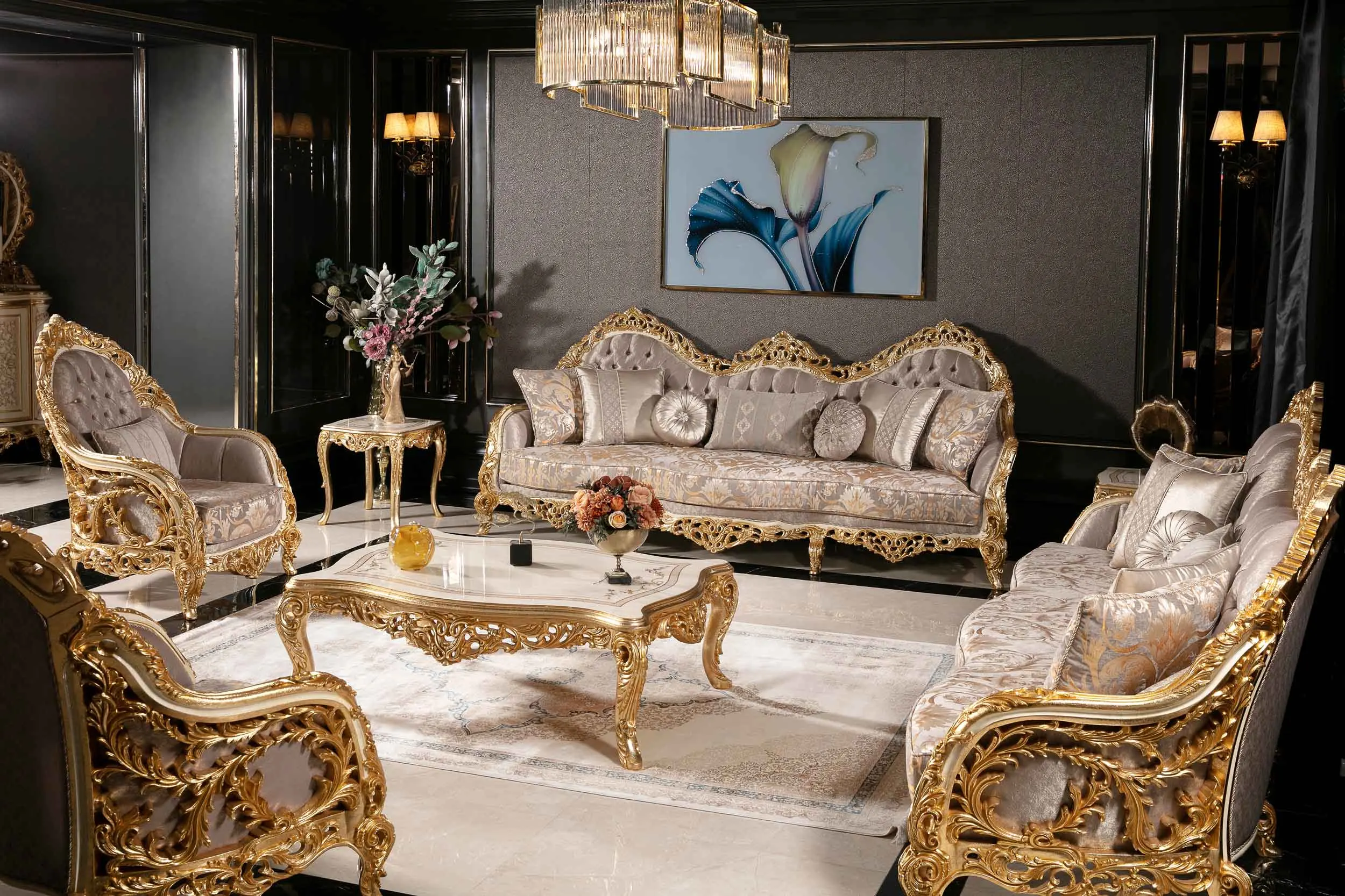 Luxury Classic Mahogany Wood Royal Sofa Set Hand Carved High Quality Fabric Upholstery for Villa Hotel Living Room Furniture