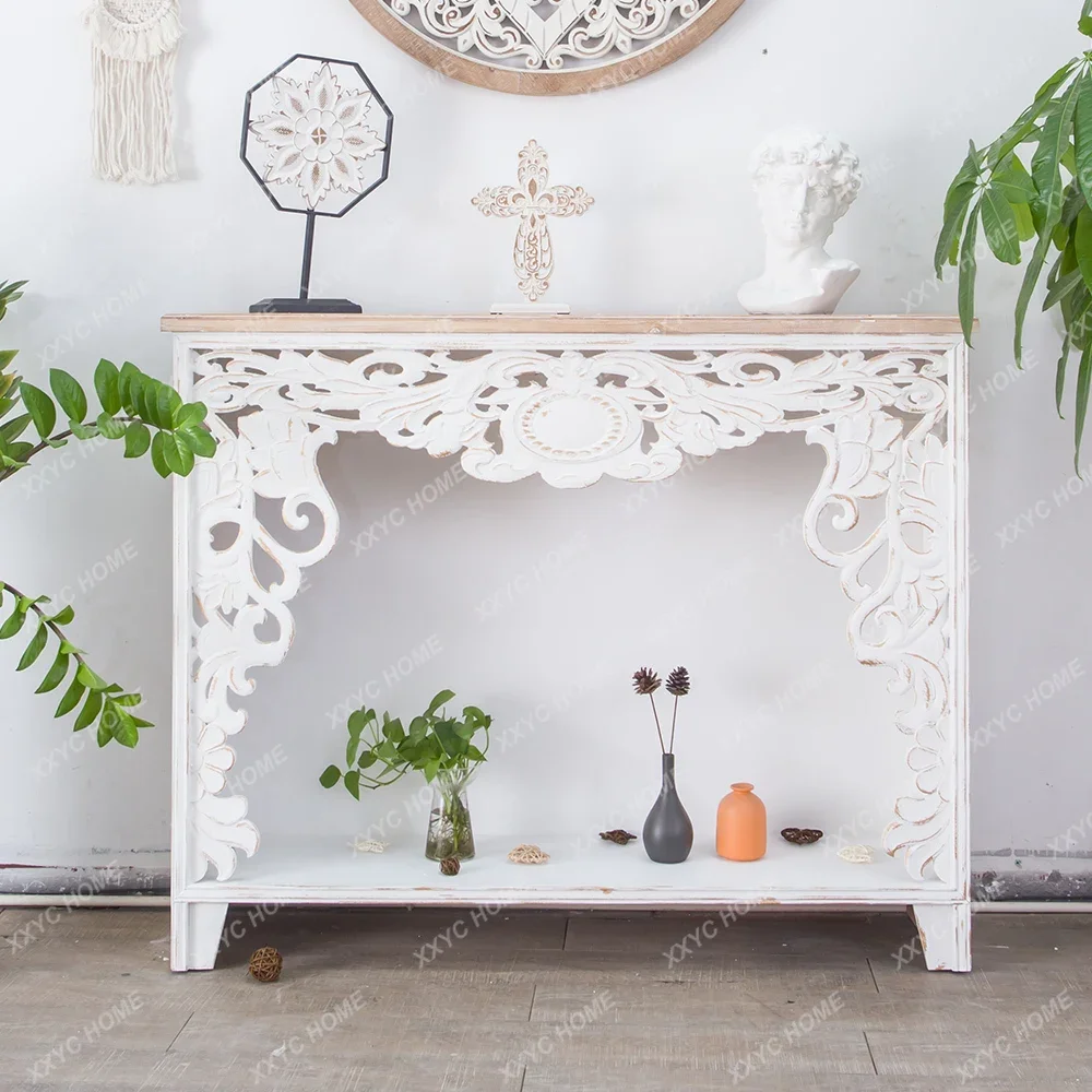 LDecorative Cabinet Vintage Country Solid Wood  Carved Entrance Cabinet Living Room Bedroom Villa
