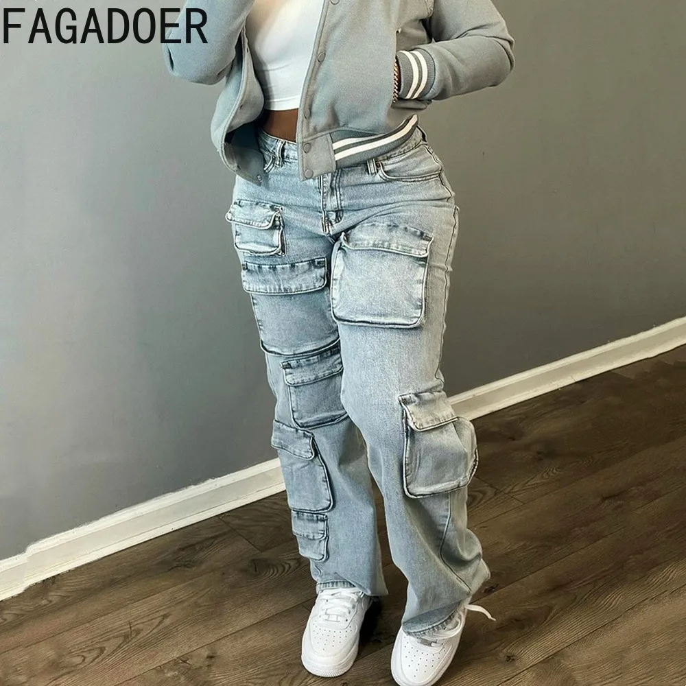 FAGADOER Vintage Fashion Denim Pocket Cargo Pants Women High Waisted Button Straight Jean Trousers Casual Female Cowboy Bottoms