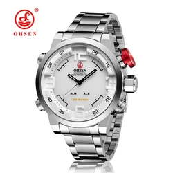 Original Casual OHSEN Military Sport Watch Men Digital Quartz LED Alarm Steel Band Round Case 30m Waterproof Wristwatch Relogios