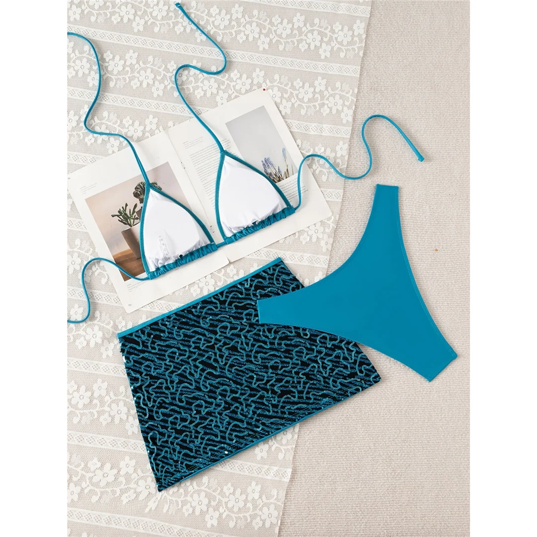 Mit bedrucktem Rock, Neckholder-Bikini, Damen-Badebekleidung, dreiteiliges Bikini-Set, brasilianischer Badeanzug, Badeanzug, Schwimmbekleidung V8177 – Detail 8