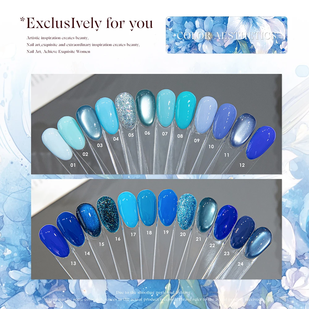 Vendeeni 24 Colors High Pigment Blue Gel Nail Polish Set Pure Color Glitter Cat Eye Mixed UV Soak Off Gel Varnish With Display