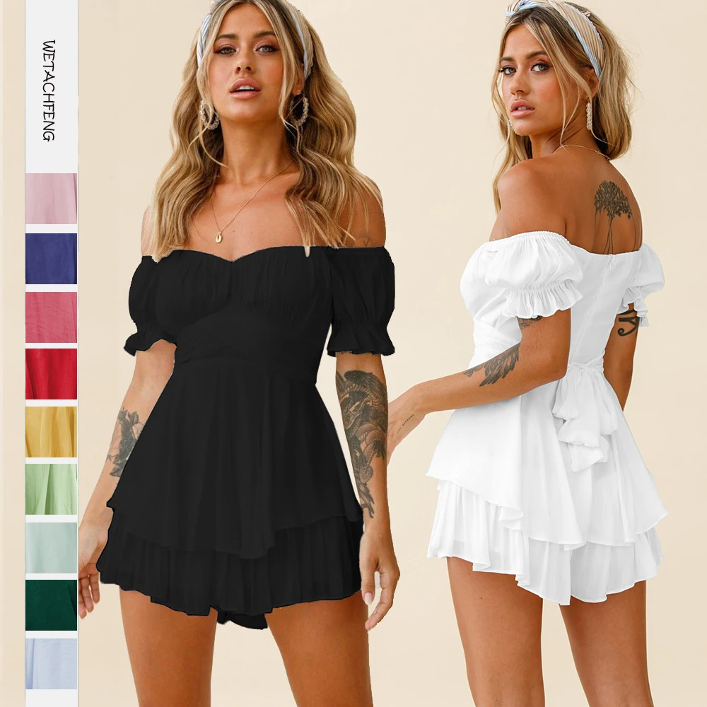 

Slash Neck Ruffles Folds White Women Shorts Playsuits Sexy Summer Short Sleeve Backless Black Beach Holiday Y2K Outfits Overalls