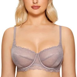 Reggiseno a balconcino in pizzo floreale da donna Plus Size See through reggiseni Minimizer Push Up sfoderato con ferretto Lingerie trasparente