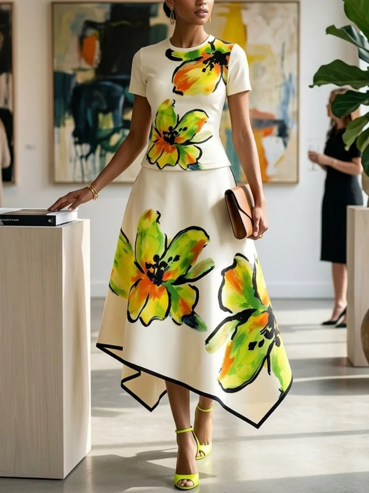 UOOZEE 2026 Women Elegant Floral Printed Evening 2 Piece Set Short Sleeves O-Neck T-Shirt & Asymmetric Hem A-Line Midi Skirts